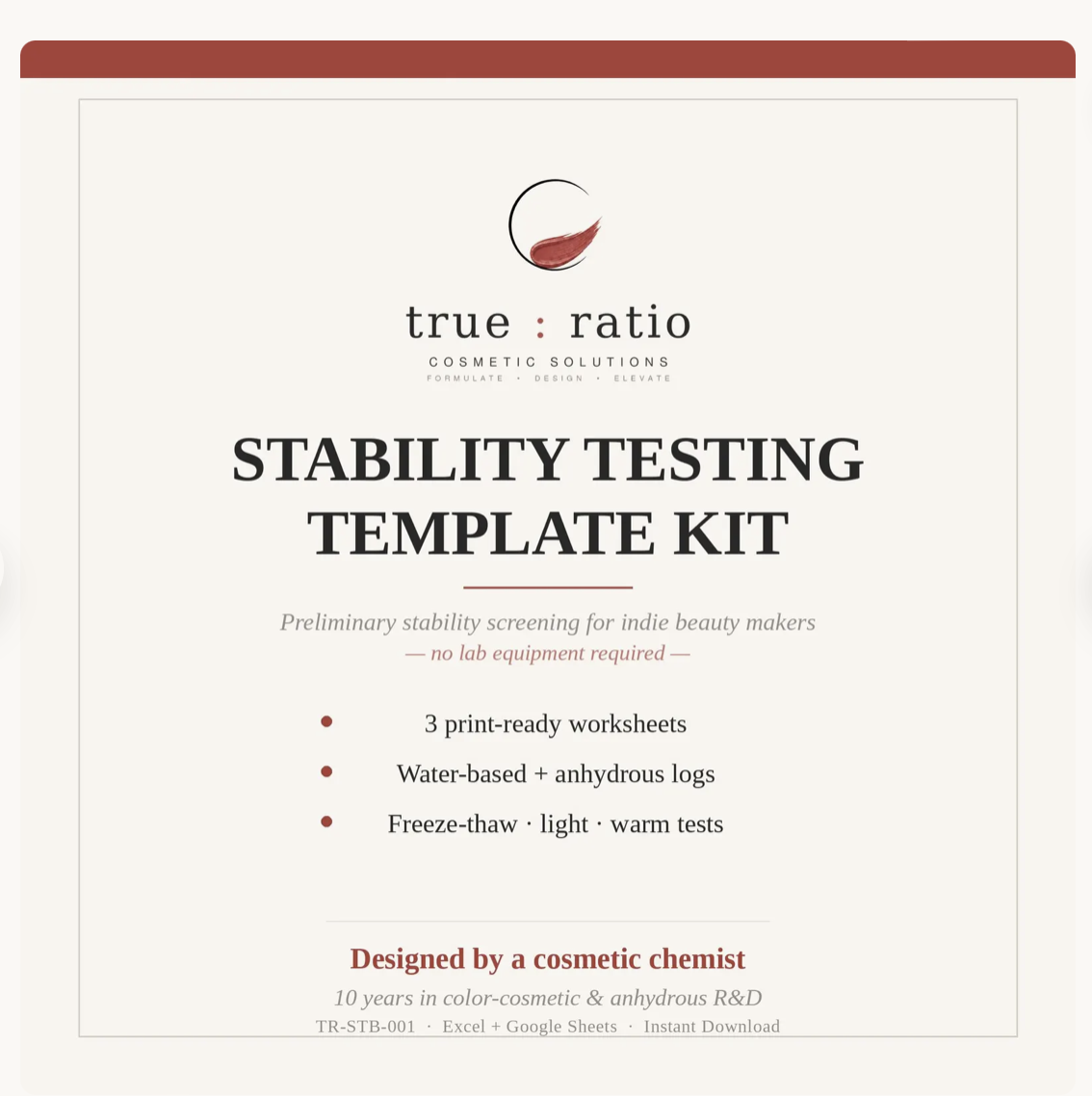 TrueRatio Stability Testing Template Kit: print-ready worksheets for indie beauty makers